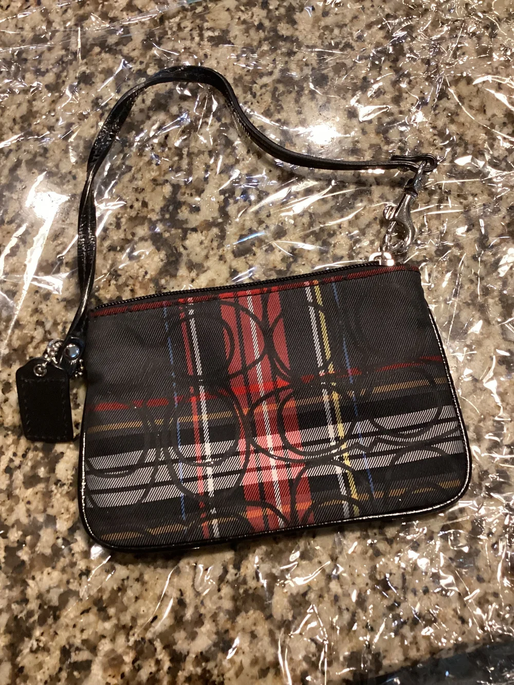 Coach Black Plaid Wristlet with Red and White Accents. EUC